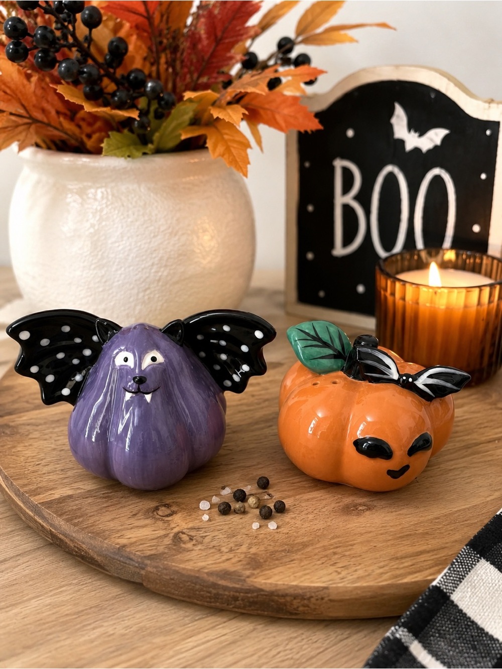 Halloween Ceramic Pumpkin and Bat Salt & Pepper Set - Orange and Purple